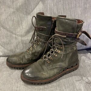 A.S.98 Olive Green Leather Lace-Up Ankle Boots with Brown Strap